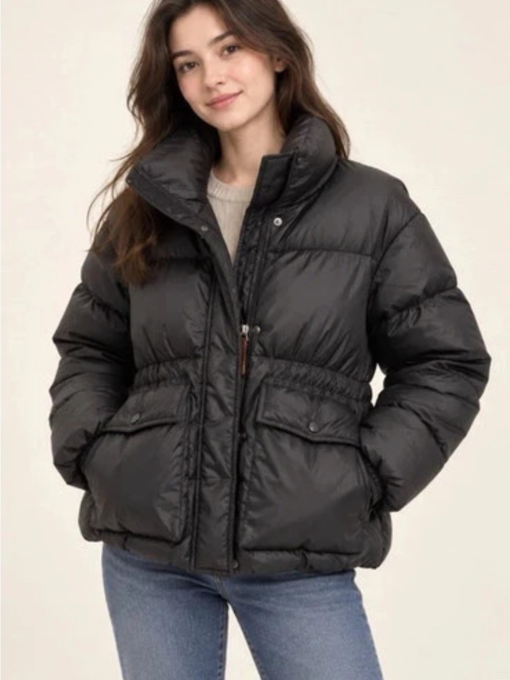 Women's Black Quilted Puffer Jacket with High Collar